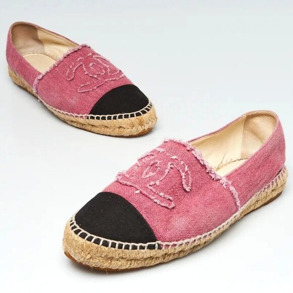 Authentic CHANEL CC Logo Linen Pink Black Espadrilles Flats Shoes 38 - Picture 1 of 7
